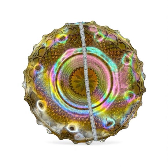 Vintage Carnival Glass Platter Plate 10" IRIDESCENT Marigold Amber Ruffled Edge - Picture 5 of 5